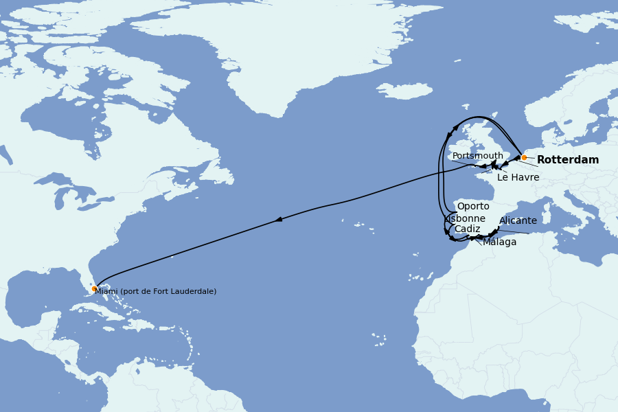 Itinéraire de la croisière Méditerranée Occidentale 29 jours à bord du Ms Nieuw Statendam
