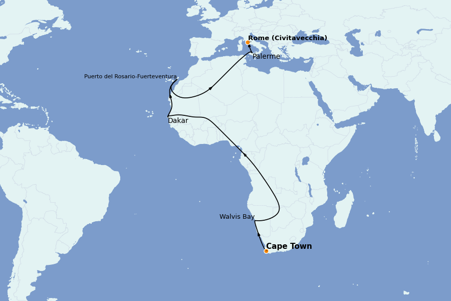 Itinerario del crucero Vuelta al mundo 2025 18 días a bordo del MSC Magnifica