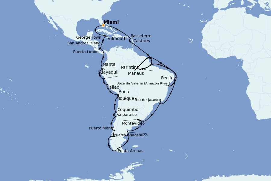 Itinéraire de la croisière Caraïbes de l'Est (Antilles) 65 jours à bord du Seven Seas Voyager