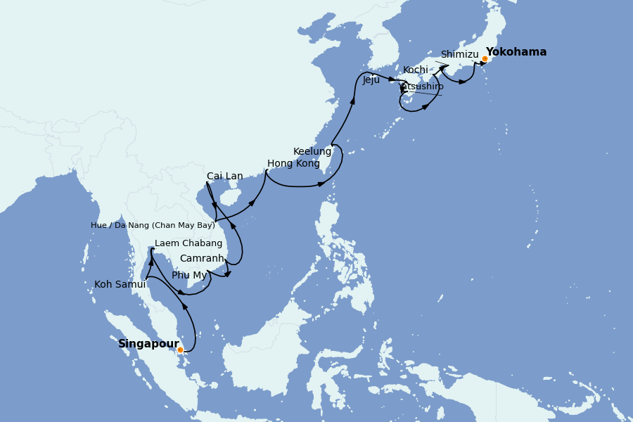 Itinéraire de la croisière Chine, Japon, Hong Kong, Taïwan, Corée du Sud 25 jours à bord du Coral Princess
