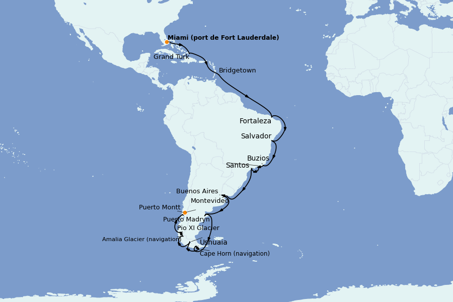 Itinéraire de la croisière Caraïbes de l'Est (Antilles) 37 jours à bord du Queen Anne