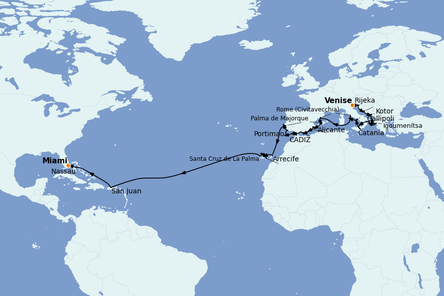 Itinéraire de la croisière Méditerranée Occidentale 32 jours à bord du Insignia