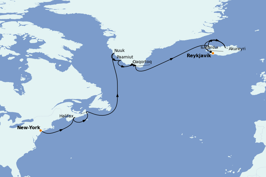 Itinéraire de la croisière Spitzberg, îles Féroé, Groenland, Islande 18 jours à bord du Seven Seas Mariner