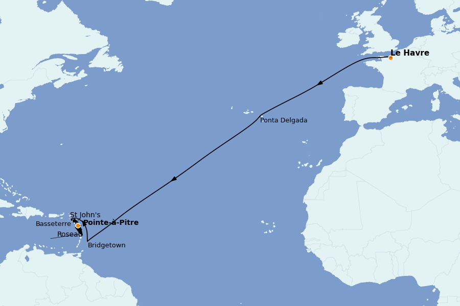 Itinéraire de la croisière TRANSATLANTIQUES ET GRANDS VOYAGES 16 jours à bord du MSC Virtuosa