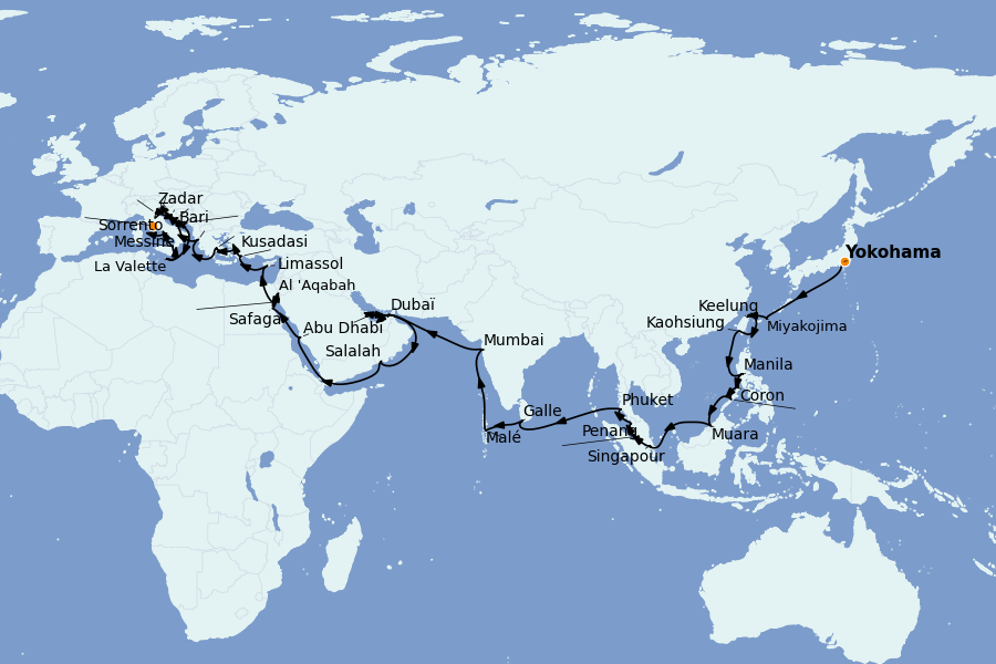 Itinéraire de la croisière Méditerranée Occidentale 65 jours à bord du Vista