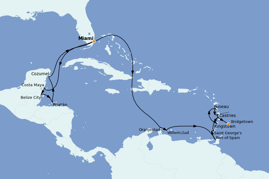 Itinerario del crucero Caribe del Este 19 días a bordo del Insignia