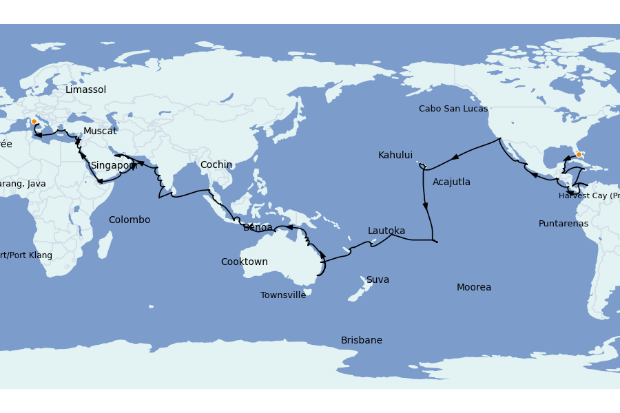 Itinéraire de la croisière TOUR DU MONDE 127 jours à bord du Seven Seas Splendor