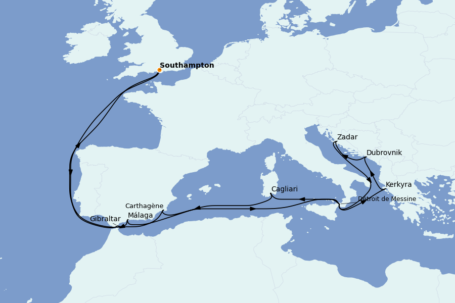 Itinerario del crucero Mediterráneo Occidental 18 días a bordo del Queen Anne