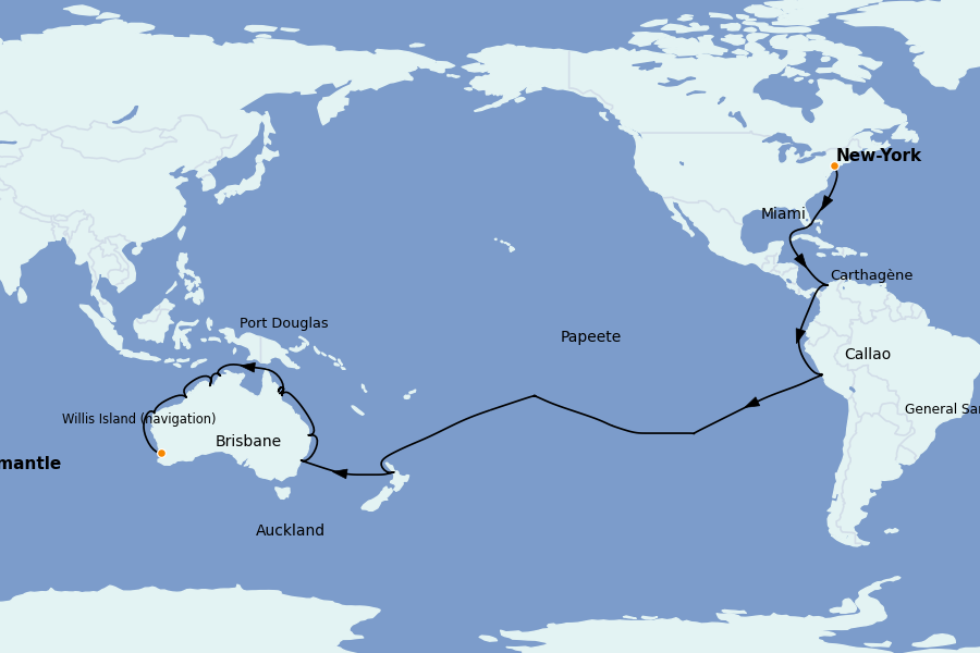 Itinéraire de la croisière TOUR DU MONDE 53 jours à bord du Crown Princess