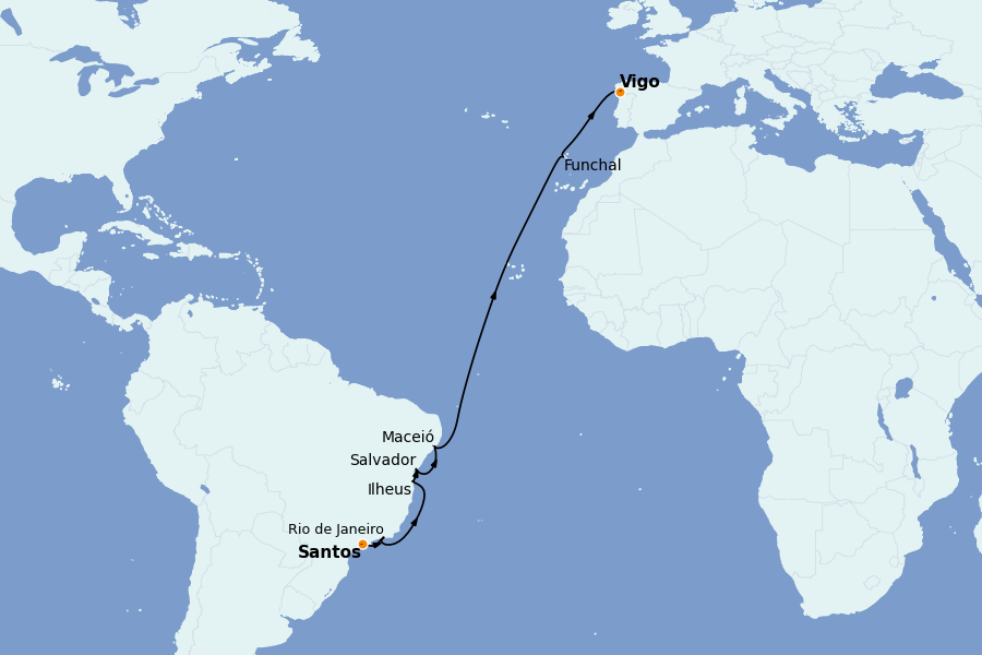 Itinerario del crucero TRASATLÁNTICOS 14 días a bordo del MSC Preziosa