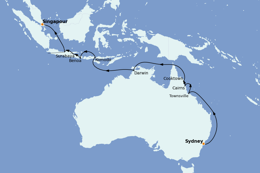 Itinerario del crucero Indonesia 18 días a bordo del Seven Seas Splendor
