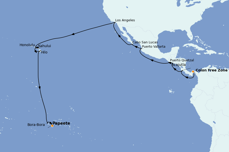 Itinéraire de la croisière Riviera Mexicaine et Amérique Centrale (Côte Pacifique) 28 jours à bord du Seven Seas Splendor