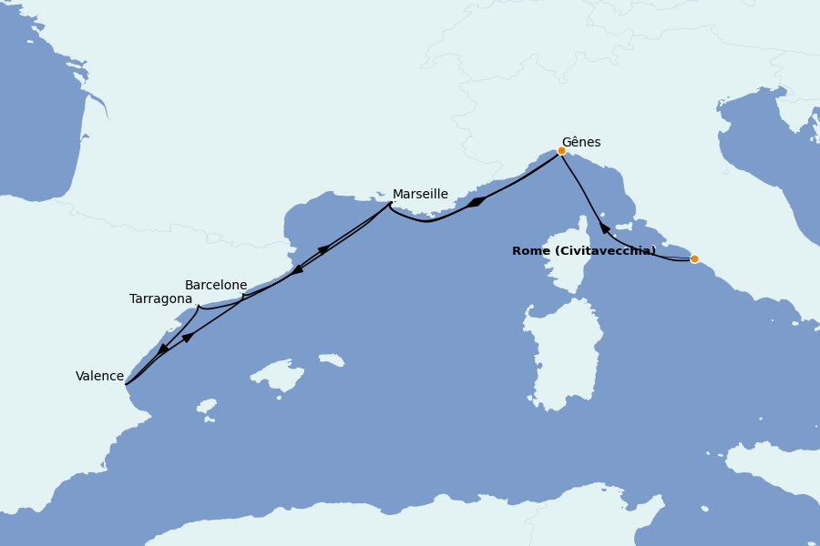Itinerario del crucero Mediterráneo 7 días a bordo del MSC Splendida