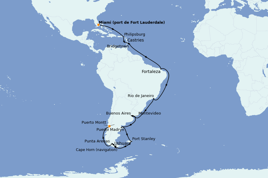 Itinerario del crucero Caribe del Este (Antillas) 33 días a bordo del Majestic Princess