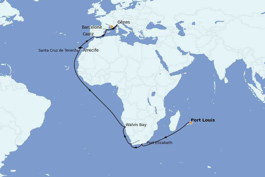 Itinéraire de la croisière Méditerranée Occidentale 27 jours à bord du Costa Toscana