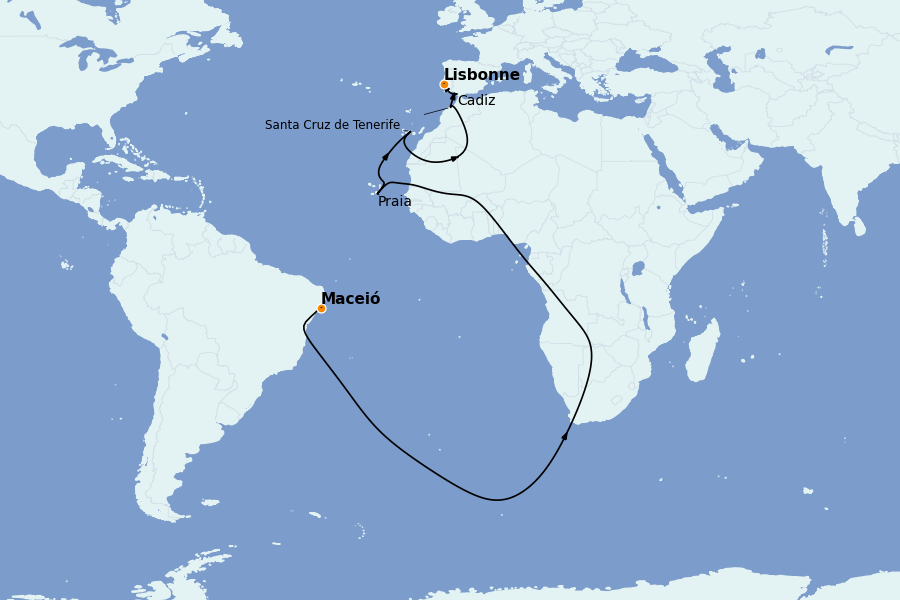 Itinerario del crucero Trasatlántico y Grande Viaje 2026 12 días a bordo del Costa Diadema