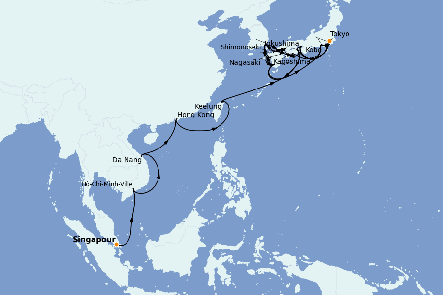 Itinéraire de la croisière Chine, Japon, Hong Kong, Taïwan, Corée du Sud 43 jours à bord du Seabourn Encore
