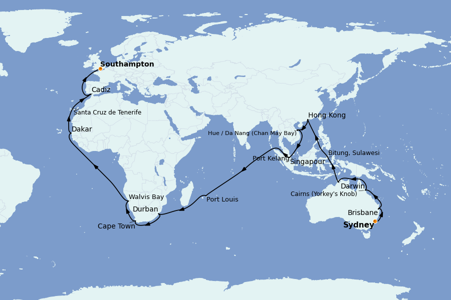 Itinerario del crucero Mediterráneo Occidental 57 días a bordo del Queen Mary 2