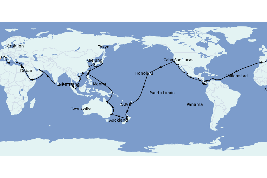 Itinéraire de la croisière TOUR DU MONDE 118 jours à bord du MSC Magnifica