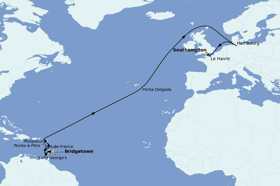 Itinéraire de la croisière TRANSATLANTIQUES ET GRANDS VOYAGES 20 jours à bord du MSC Virtuosa