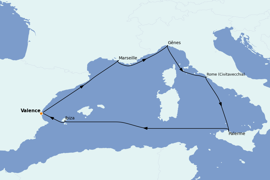 Itinerario del crucero Mediterráneo 7 días a bordo del MSC Musica