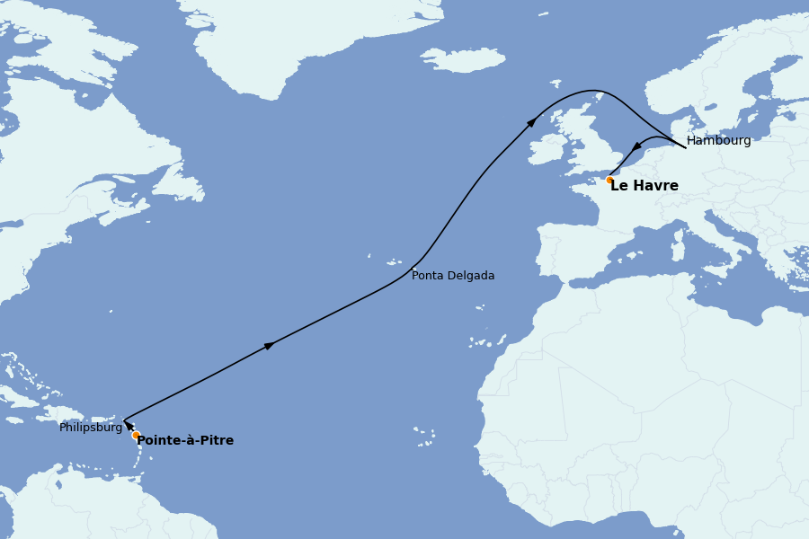 Itinerario del crucero TRASATLÁNTICOS 14 días a bordo del MSC Virtuosa