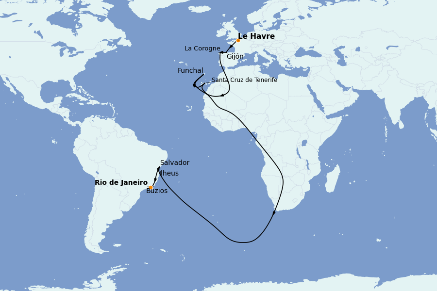 Itinerario del crucero TRASATLÁNTICOS 17 días a bordo del MSC Preziosa