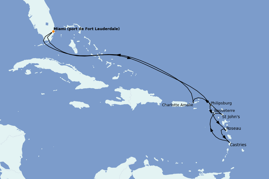 Itinéraire de la croisière Caraïbes de l'Est (Antilles) 11 jours à bord du Ms Rotterdam