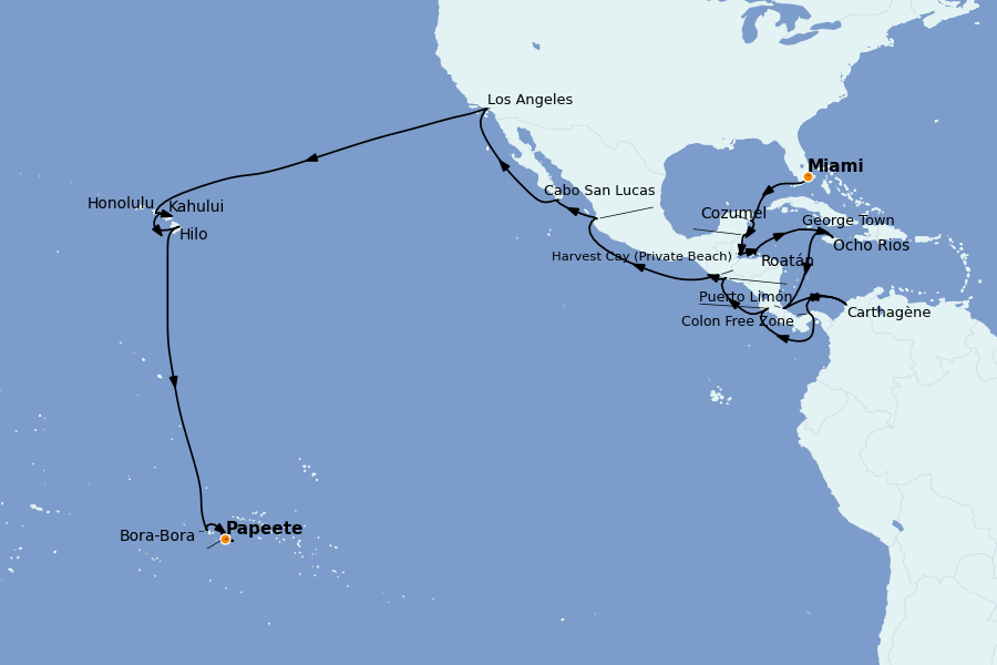 Itinéraire de la croisière Caraïbes de l'Est (Antilles) 42 jours à bord du Seven Seas Splendor