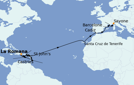 Itinerario del crucero Trasatlántico y Grande Viaje 2023 22 días a bordo del Costa Pacifica