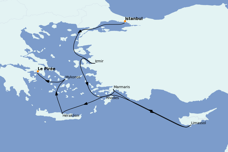 Itinéraire de la croisière Îles Grecques, Adriatique et Turquie - Méditerranée Orientale 10 jours à bord du Seven Seas Voyager