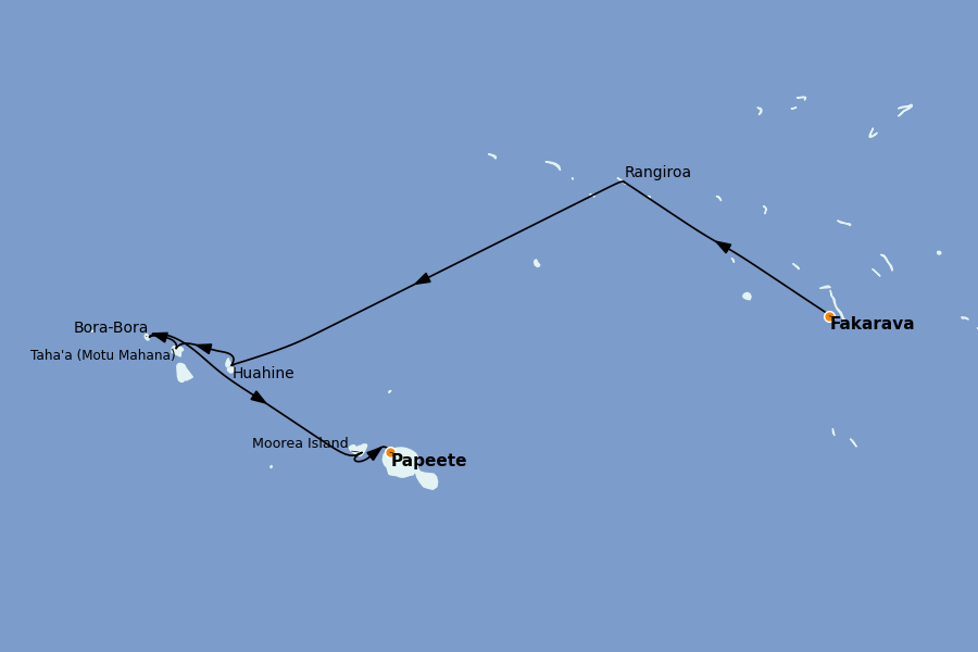 Itinéraire de la croisière Tahiti, Bora Bora, Cook Islands, Nouvelle-Calédonie, Fidji, Vanuatu, Samoa, Salomon 10 jours à bord du Paul Gauguin