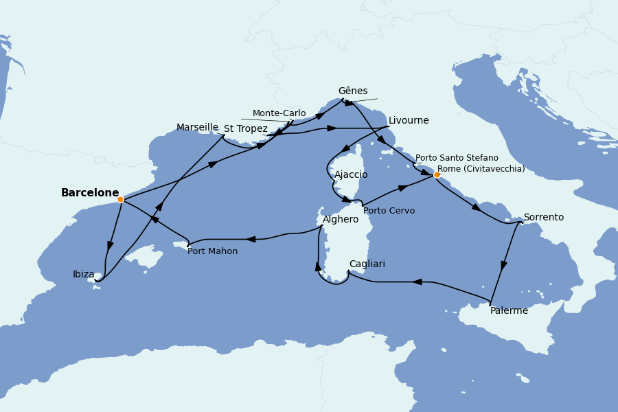 Itinéraire de la croisière Méditerranée Occidentale 21 jours à bord du Explora II