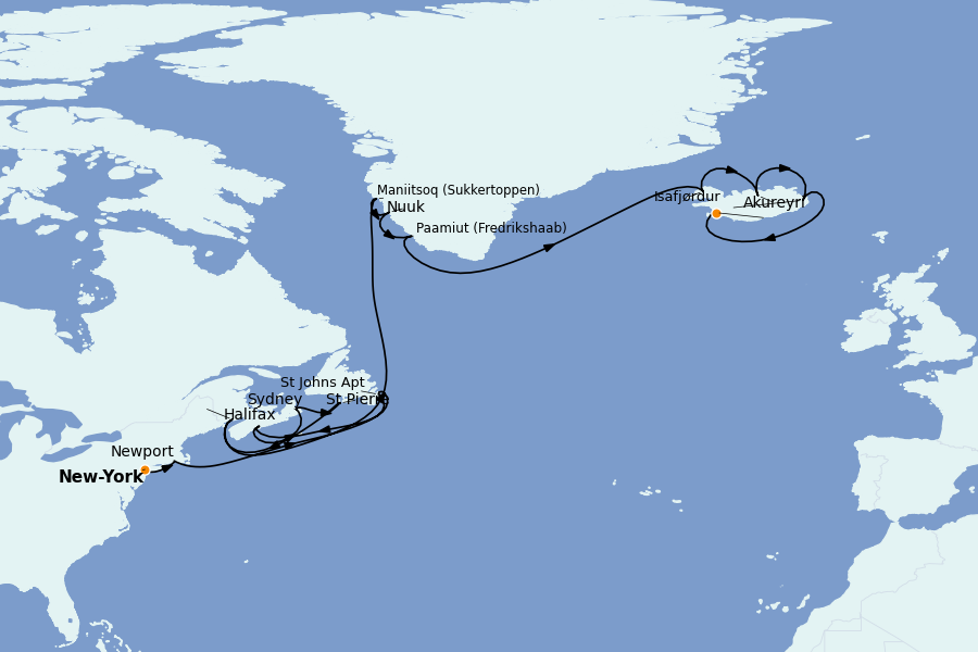 Itinéraire de la croisière Spitzberg, îles Féroé, Groenland, Islande 19 jours à bord du Insignia