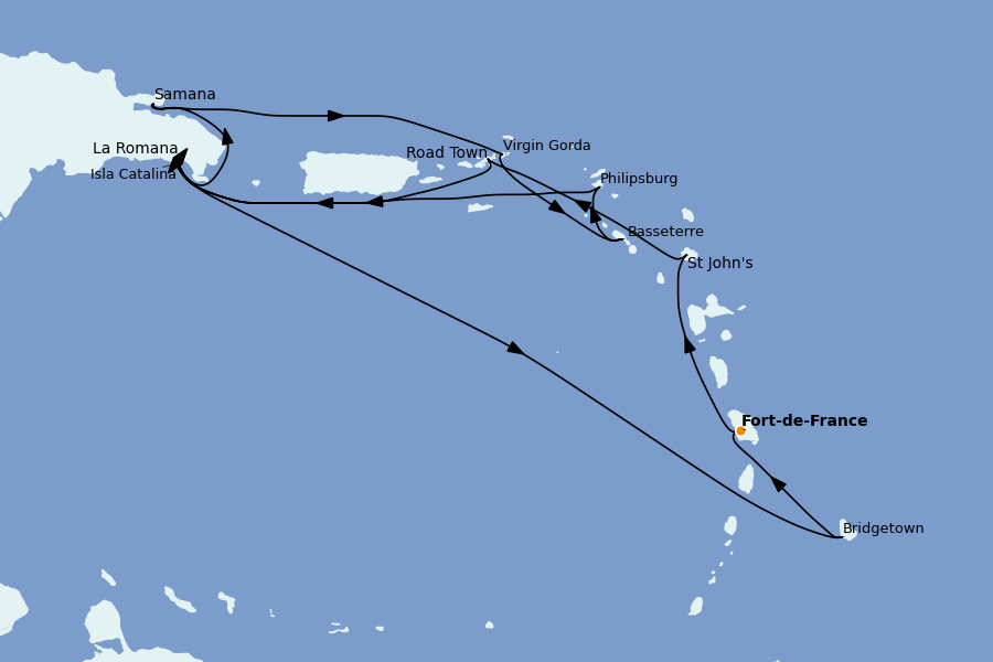 Itinéraire de la croisière Caraïbes de l'Est (Antilles) 14 jours à bord du MSC Opera