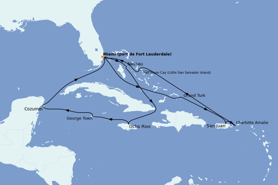 Itinéraire de la croisière Caraïbes de l'Est (Antilles) 14 jours à bord du Ms Eurodam