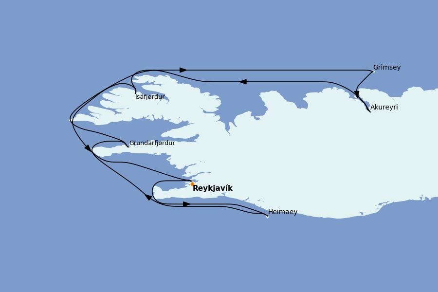 Itinéraire de la croisière Spitzberg, îles Féroé, Groenland, Islande 7 jours à bord du Le Bellot
