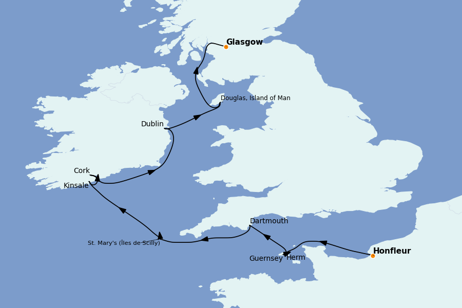 Itinéraire de la croisière Îles Britanniques 8 jours à bord du Le Lyrial