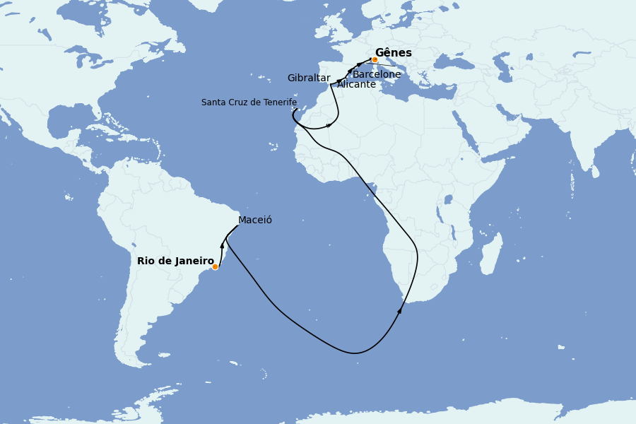 Itinerario del crucero Trasatlántico y Grande Viaje 2026 16 días a bordo del MSC Seaview