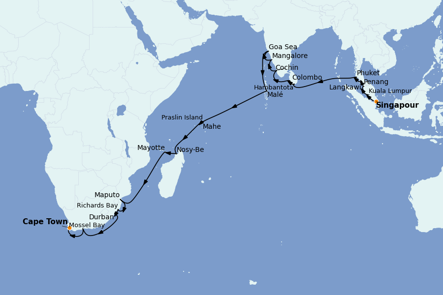 Itinerario del crucero África 35 días a bordo del Nautica