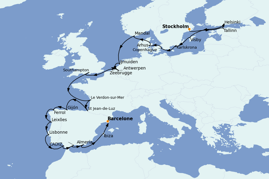 Itinéraire de la croisière Méditerranée Occidentale 24 jours à bord du Sirena