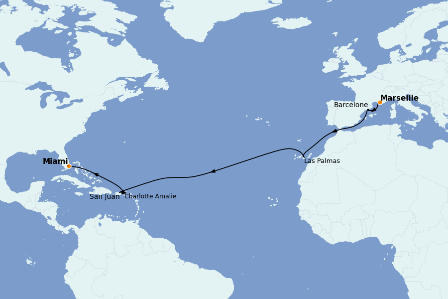 Itinerario del crucero TRASATLÁNTICOS 15 días a bordo del MSC Grandiosa