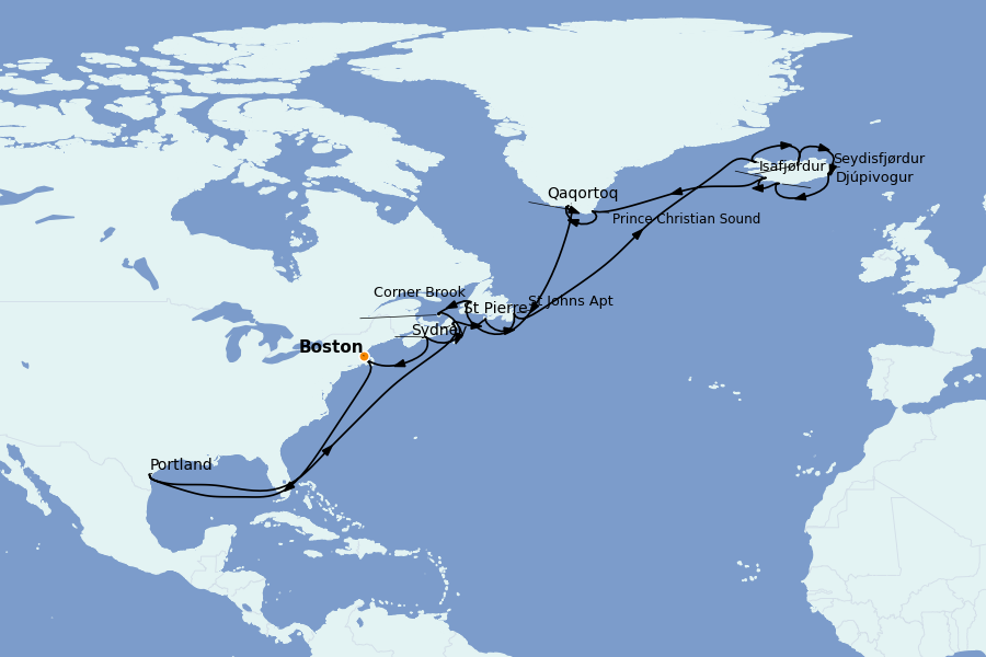 Itinéraire de la croisière Spitzberg, îles Féroé, Groenland, Islande 28 jours à bord du Ms Volendam