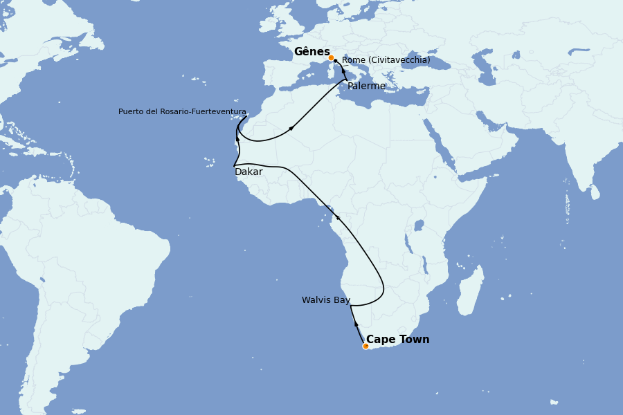 Itinerario del crucero Vuelta al mundo 2025 19 días a bordo del MSC Magnifica