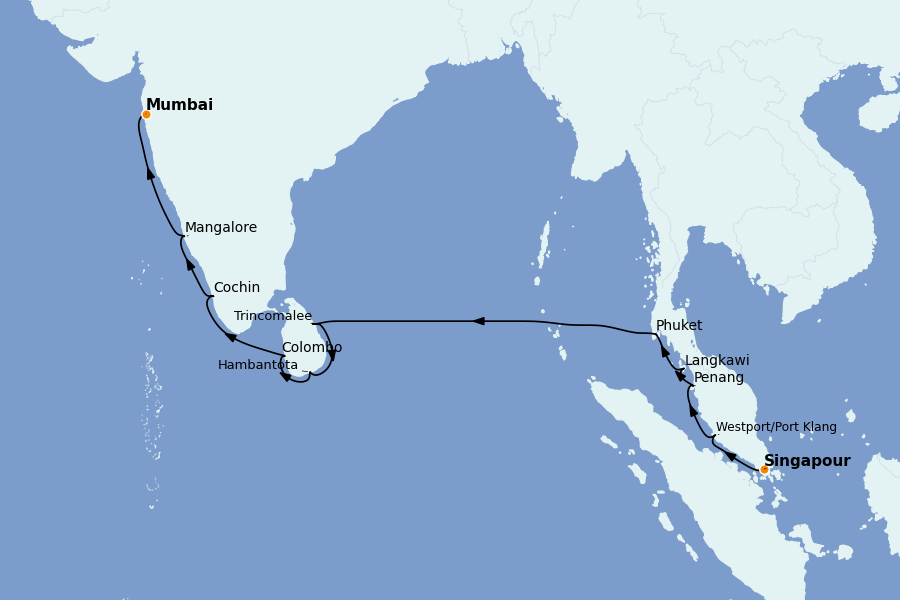 Itinéraire de la croisière Inde 18 jours à bord du Silver Muse