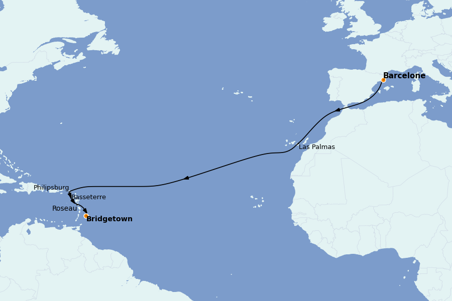 Itinerario del crucero TRASATLÁNTICOS 14 días a bordo del MSC Seaview