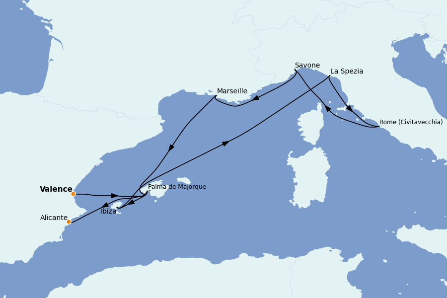 Itinerario del crucero Mediterráneo Occidental 9 días a bordo del Costa Pacifica