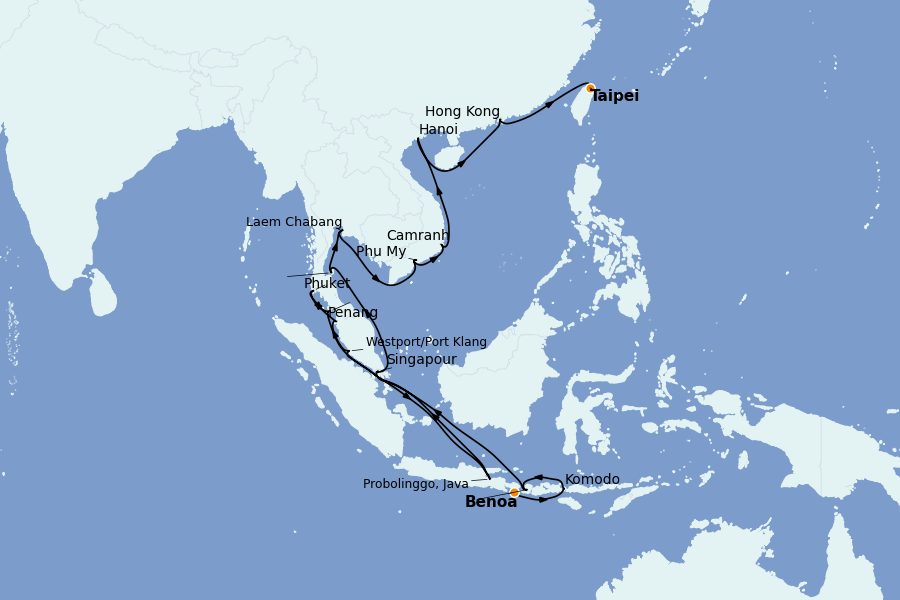Itinéraire de la croisière Chine, Japon, Hong Kong, Taïwan, Corée du Sud 25 jours à bord du Seven Seas Explorer