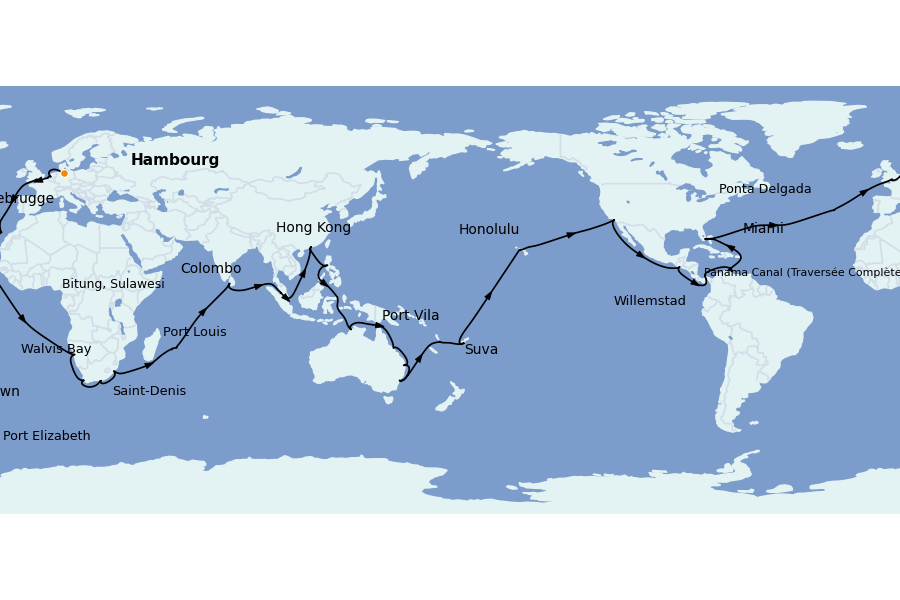 Itinerario del crucero Mediterráneo Occidental 116 días a bordo del Queen Anne