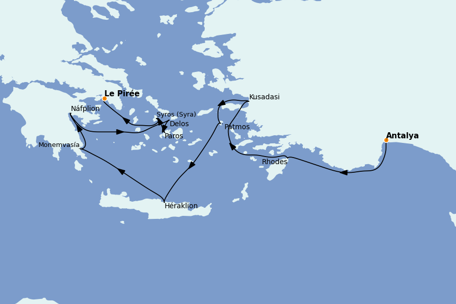 Itinerario del crucero Mediterráneo Oriental: Islas Griegas, Adriático y Turquía 9 días a bordo del Le Dumont d'Urville